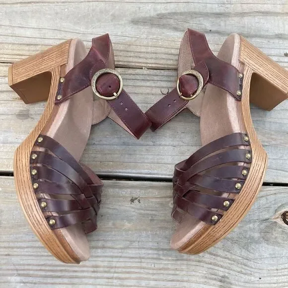 Dansko Dawson Leather Woven Sandal Ruby Vintage Wooden Platform Block Heels - Picture 5 of 11